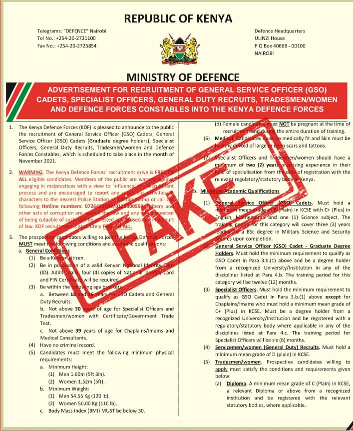 KDF Warns Against Fake Recruitment